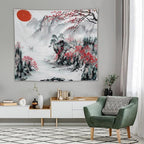 Cherry Blossoms Tapestry,Japanese Red Landscape Asian Watercolor Abstract Art Tapestry, Asian Japanese Wall Tapestry, Nature Landscape Tapestries for Bedroom Living Room Decor 60"x50"