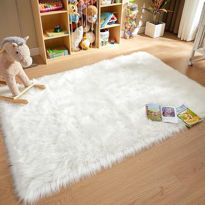 AMTOVO Faux Fur Sheepskin Rug for Living Room, 4 x 6 ft White Fluffy Area Rug for Bedroom, Playroom, Luxury Room Decor, Rectangle