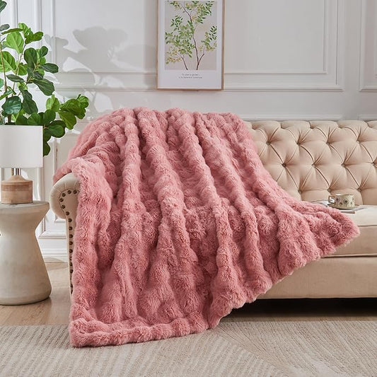 Lotus Karen Faux Fur Blanket - Old Pink Twin Size, Big Bubble Rabbit Fluff Blanket for Couch, 60x80 Inches