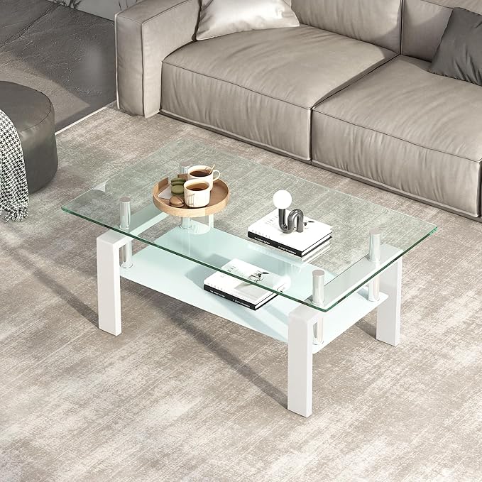 Glass Coffee Table Rectangle White Living Room Center Table, 39inch Transparent Tempered Glass Tabletop and Metal Frame, White + Clear Glass