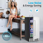 15 Inch Undercounter Beverage Refrigerator - 126 Cans Beverage Fridge with Stainless Steel Door for Beer Wine Soda - Built-in or Freestanding Wine Cooler for Home Kitchen Bar