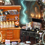Rileryan 54 Pcs 1:12 Scale Magic Witchy House Kit Miniature Furnitures Accessories Mini Wooden Bookshelf Bookcase 30 Mini Books Desk Chair Halloween Decoration
