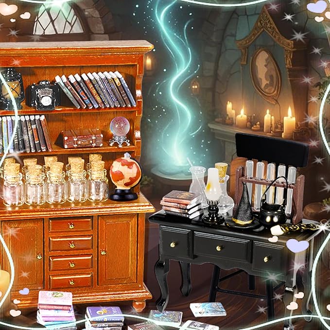 Rileryan 54 Pcs 1:12 Scale Magic Witchy House Kit Miniature Furnitures Accessories Mini Wooden Bookshelf Bookcase 30 Mini Books Desk Chair Halloween Decoration