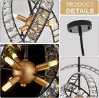 18" Crystal Globe Sputnik Chandelier, 6-Light Black Gold Modern Adjustable Hanging Ceiling Pendant Light Fixture for Entryway Foyer Stairway Bedroom Dining Living Room Hallway