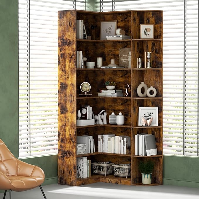 Loomie Bookshelves, 6 Tiers Shelf Large Tall Corner Etagere Bookcase with Full Baffle, L-Shaped Modern Storage Display Industrial Book Shelf for Bedroom, Home Office, Living Room & Kitchen, Rustic