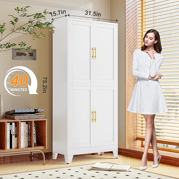 75.2" Tall Metal Pantry Cabinet, Kitchen Pantry Storage Cabinets with 4 Door and 4 Adjustable Shelves, White Storage Cabinet, Freestanding Cupboard for Kitchen Dining Room Living Room Bathroom