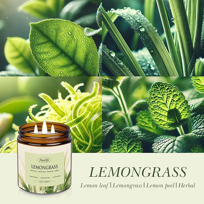 Auelife Lemongrass Scented Candle | 3-Wick Jar Candle - 12oz Natural Soy Wax - Citronella Scent for Indoor Outdoor Use, Long Lasting Aromatherapy Gifts for Fathers Day, Summer, 50+ Hour Burn