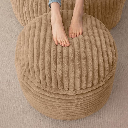 HIGOGOGO Round Stuffed Pouf Ottoman, Stripe Faux Fur Poufs with Foam Chunk Filling, Furry and Fluffy Pouf Foot Stool Storage Ottoman, 26 X 18 Floor Poufs Foot Rest for Living Room, Brown