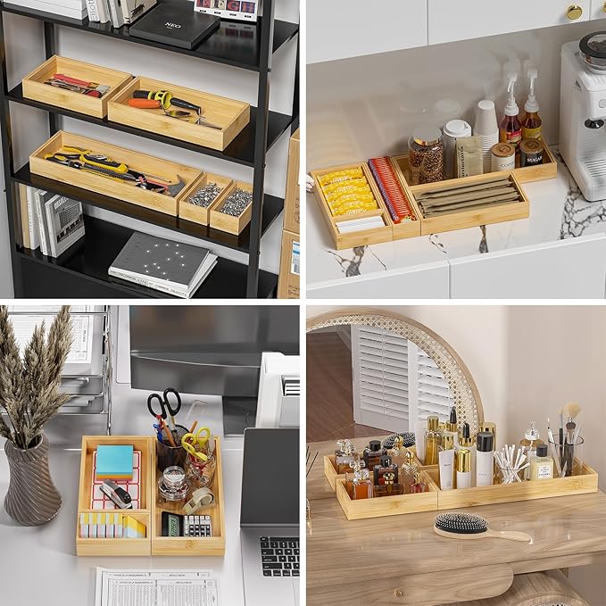 Bamboo Drawer Organizer - Silverware & Utensil Organizer, Stackable, 2 Pcs, Wooden Storage Box Tray (Bamboo, 12 X 6 X 2 Inch)