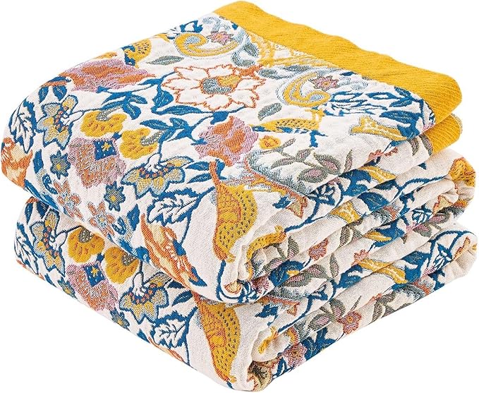Boho Blanket Throw Quilt, 100% Cotton Soft Light Weight Throw Blankets for Summer, 90"x98" Farmhouse Flower Decorative Blankets, All Season Rustic Reversible Bohemian Throw Quilt