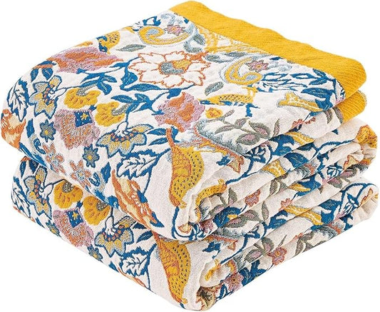 Boho Blanket Throw Quilt, 100% Cotton Soft Light Weight Throw Blankets for Summer, 90"x98" Farmhouse Flower Decorative Blankets, All Season Rustic Reversible Bohemian Throw Quilt