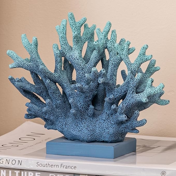 5.8" H Blue Coral Decor, Resin Coral Statue, Nautical Decorations for Home, Beach/Coastal/Ocean Themed Cabinet Shelf Tabletop Decor