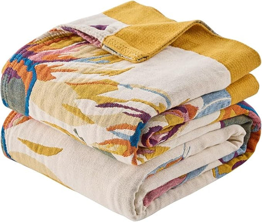 100% Cotton Boho Throw Blanket, King Size Living Room Reversible Fall Throw Blanket, Boho Floral Bird Colorful Retro Quilt Ultra Soft Reversible Gauze Blanket for All Season, 90"x98"