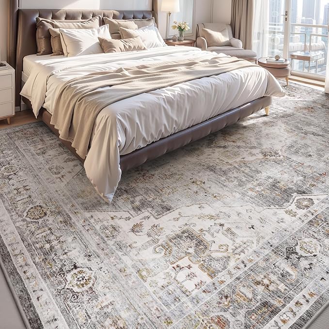 AMOAMI-Area Rug 8X10 Rugs for Living Room-Vintage Soft Grey Rugs for Bedroom-Non Slip Carpet-Washable Rug for Dining Room Living Room Bedroom Office Under Table