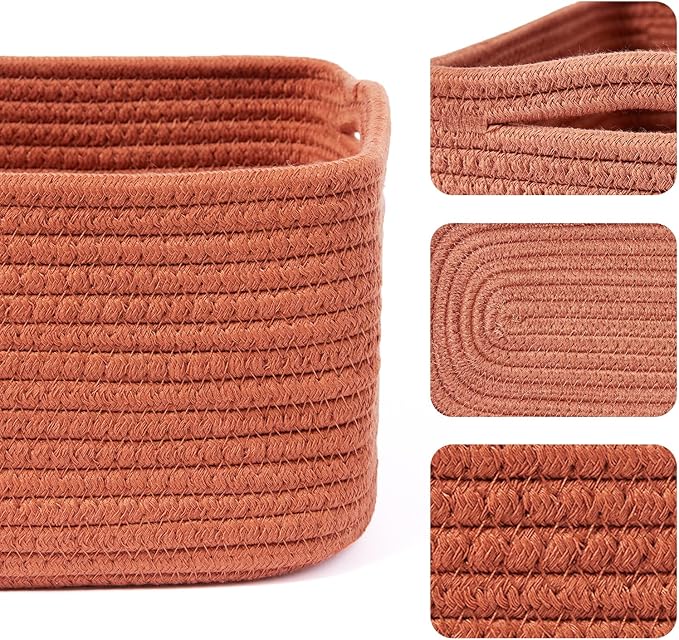 Small Storage Baskets for Organizing | Closet Organizer Bins | Shelf Toy Basket | Woven Rope Baskets | Cube Decorative Box | Shallow Basket | 13x8.5x5.1” | 3 Packs Oxide Red