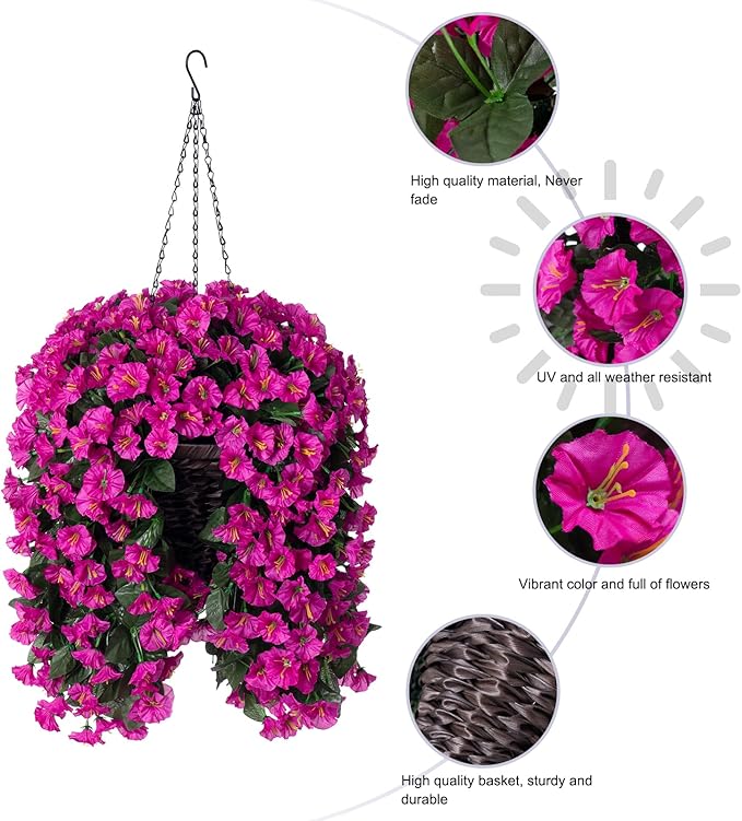 Artificial Fake Hanging Flowers Plants Baskets for Outdoor Outside Decoration, Faux Silk UV Resistant Realistic Fuchsia Morning Glory Planter for Home Porch Patio Balcony Garden Yard