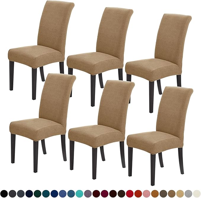 Joccun Chair Covers for Dining Room Set of 6, Dining Chair Slipcovers Stretch Dining Room Chair Covers Seat Protector,Washable Parsons Chair Cover for Home,Hotel,Banquet(Tan,6 Pack)
