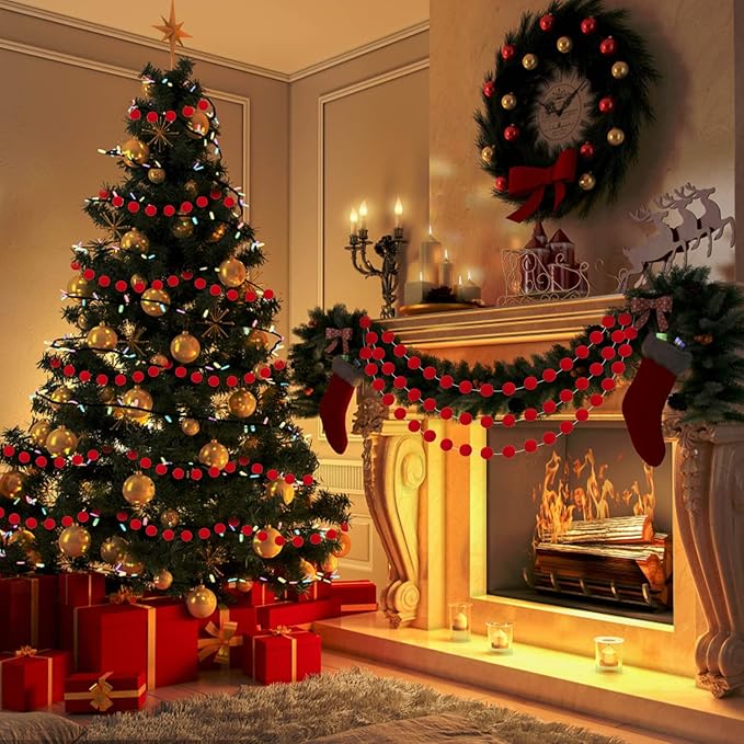 Jishi 3Pk Red Felt Berry Pom Pom Ball Garland Christmas Decorations Indoor Home Decor, Cute Red Berry Christmas Tree Ornaments, String of Pompom Bead Garland Hanging Xmas Holiday Birthday Party Banner