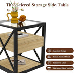 Farmhouse End Table, Modern Side Table with Drawer&3-Tier Storage Shelf, Square Rustic Nightstand, Accent Tea Table, for Bedroom Office Living Room, Brown, Natural Wood, Glass, Metal