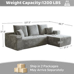 HYJT-H&K Modular Sectional Sofa Cloud Secttional Couch, 107" Comfy L Shaped Couches for Living Room, Deep Seat Memory Foam Fluffy Plush Corduroy Boneless Couch Sectionals Right Facing Sofa Chaise Grey