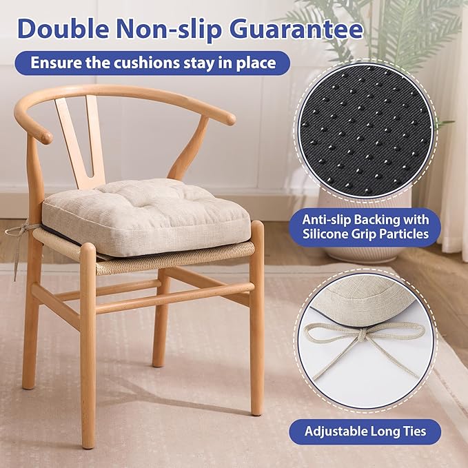 Chair Cushions, Memory Foam Dining Chair Cushions, Tufted Indoor Chair Pads, Set of 4, 16.5' x 16.5' x 3.5', Beige