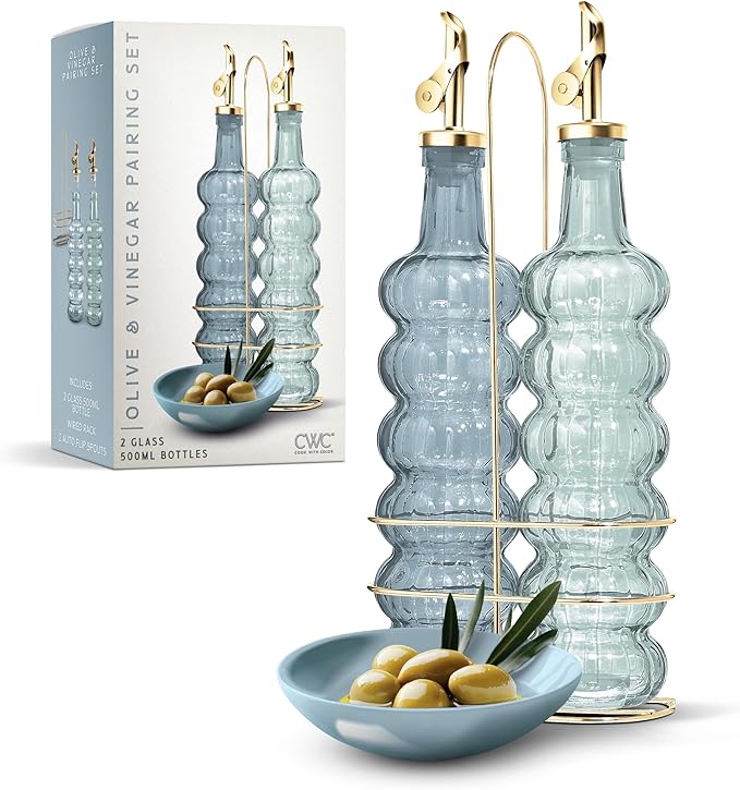 COOK WITH COLOR Glass Olive Oil Bottle Dispenser - 2 Pack- 17oz Oil and Vinegar Cruet - Olive Oil Carafe Decanter for Kitchen