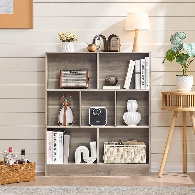 LEYAOYAO 7 Cube Bookshelf with Base,3 Tier Mid-Century Modern Grey Bookcase,Standing Wide Bookshelves Storage Organizer Shelf,Rustic Wood Display Cabinet Book Shelves for Bedroom,Living Room,Office