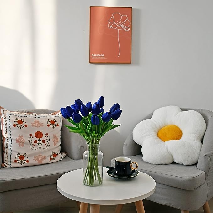 Mandy's Artificial Tulips 20 Stems Royal Blue PU Faux Flowers for Wedding Home Decor 13.5 Inch