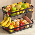 2 Tier Fruit Basket for Kitchen Counter with 2 Banana Hangers, 2025 Pro Detachable Metal Fruit Bowl with Wooden Handle,Fruit Holder for Bread Snack Veggies, Brown