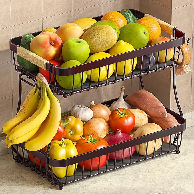 2 Tier Fruit Basket for Kitchen Counter with 2 Banana Hangers, 2025 Pro Detachable Metal Fruit Bowl with Wooden Handle,Fruit Holder for Bread Snack Veggies, Brown