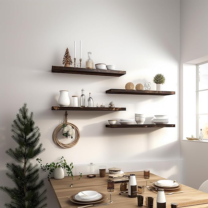 36 Inch Floating Shelves for Wall Rustic Brown Wood Wall Shelves for Bedroom Set of 4