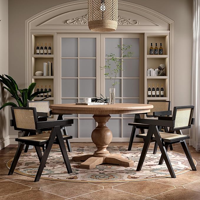 Rattan Dining Chairs Set of 4, Farmhouse Wicker Dining Chairs with Cane Seat Accent Armchair for Dining Room Kitchen Restaurant, Walnut
