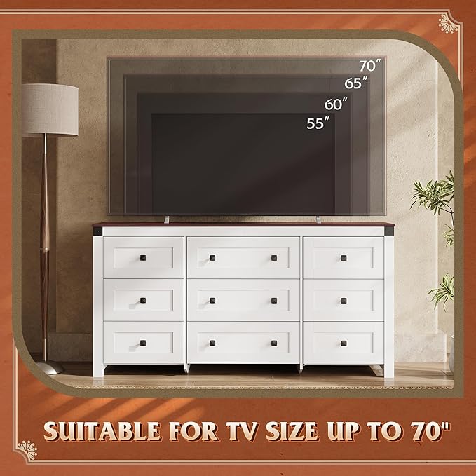 WLIVE Farmhouse Dresser for Bedroom, 63" Wide 9 Drawer Dresser Storage Organizer, Wood Chest of Drawers for Bedroom, TV Stand for 70 inch TV, for Living Room, Hallway, Ball Bearing Slide (White)