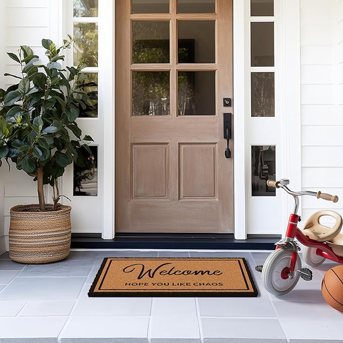 Barnyard Designs Natural Coco Coir Heavy Duty Backing Doormat - Large Cute Non-Slip Front Door Welcome Mat for Outside Entrance or Porch Entry, Brown (17x30, Chaos)