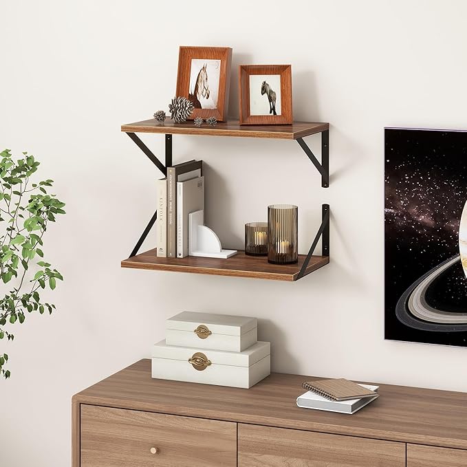 Fun Memories 18" W x10 D Floating Shelves, Farmhouse Wall Shelves Home Decor Shelf, Deep Bathroom Shelves with Bracket, 10 Inch Deep Wall Shelf for Living Room, Kitchen, Bedroom, Walnut, Set of 2