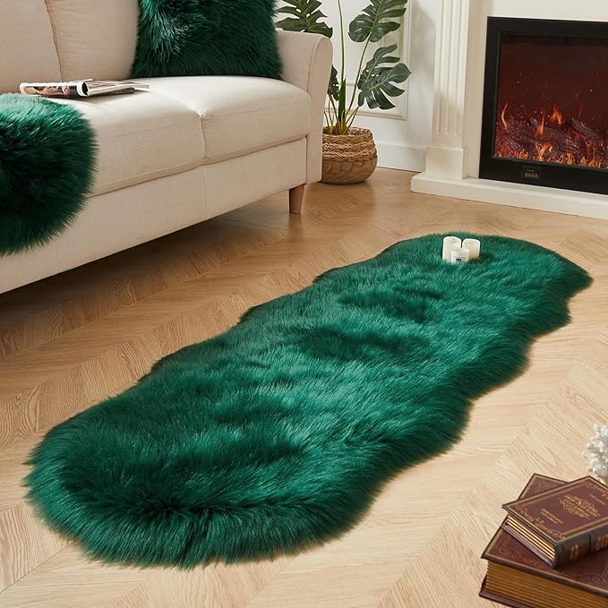 AMTOVO Faux Sheepskin Rug, Dark Green Ultra Soft Fluffy Shag Area Rug, 2 x 6 ft Faux Fur Rug for Bedroom Sofa Throw Cushion Room Decor, Sheepskin
