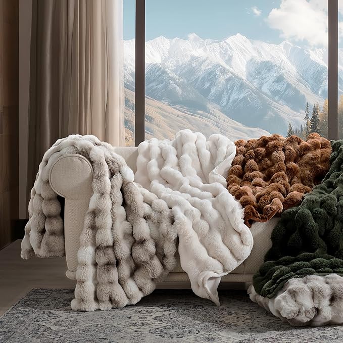 EVERGRACE Ultra Soft Luxury Fluffy Ridgeline Faux Rabbit Fur Throw Blanket, Thick Warm Bubble Throw for Bed, Cozy Plush Reversible Blankets for Couch, Chair, Sofa, Light Grey, 50x60 Inches, 870 GSM