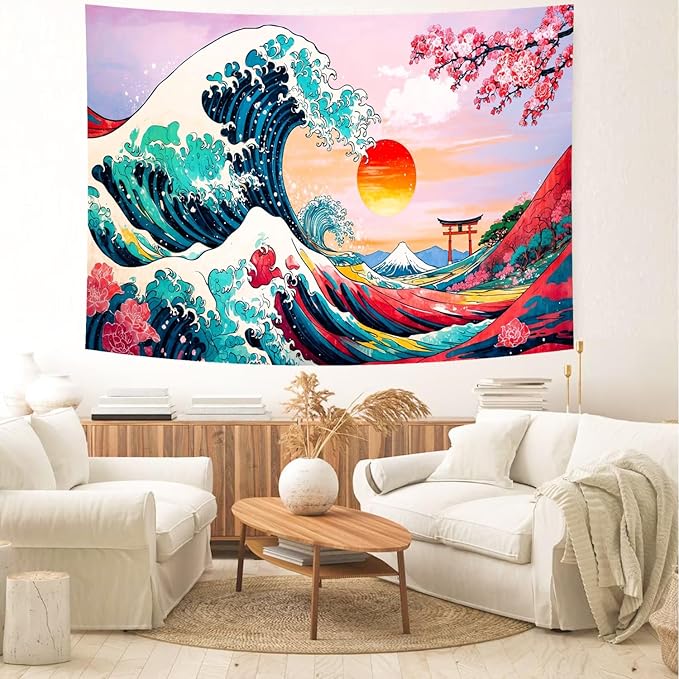 Delur Great Wave Tapestry Japanese Sunset Ocean Sea Wave Off Kanagawa Tapestry Wall Hanging Vintage Asian Anime Cherry Blossom Nature Headboard for Bedroom Living Room Home Decor (59.1" x 78.7")