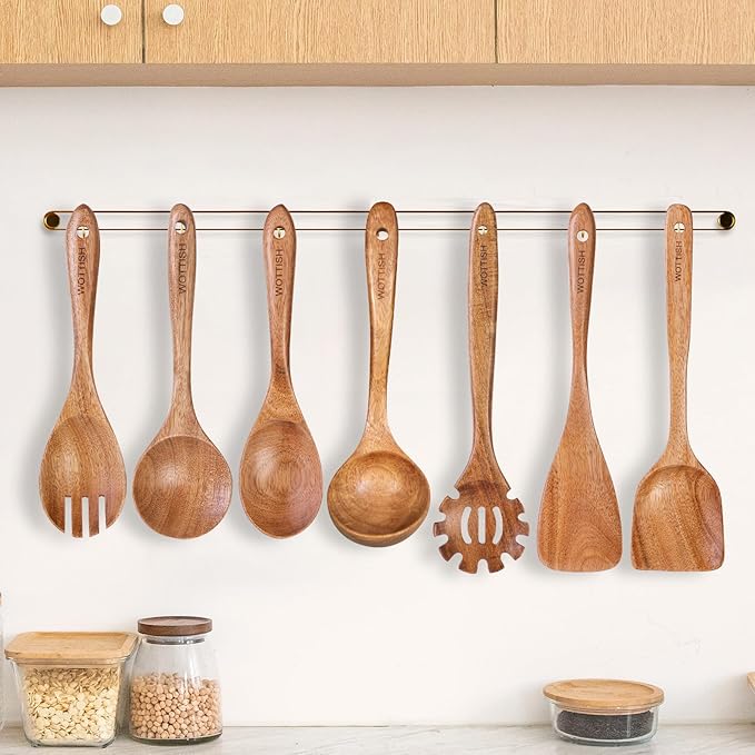 Wooden Utensil Set,WOTTISH 7Pcs Nonstick Wood Spatula,Wooden Kitchen Utensils Set Non Toxic,Wooden Spoons for Cooking（A07）