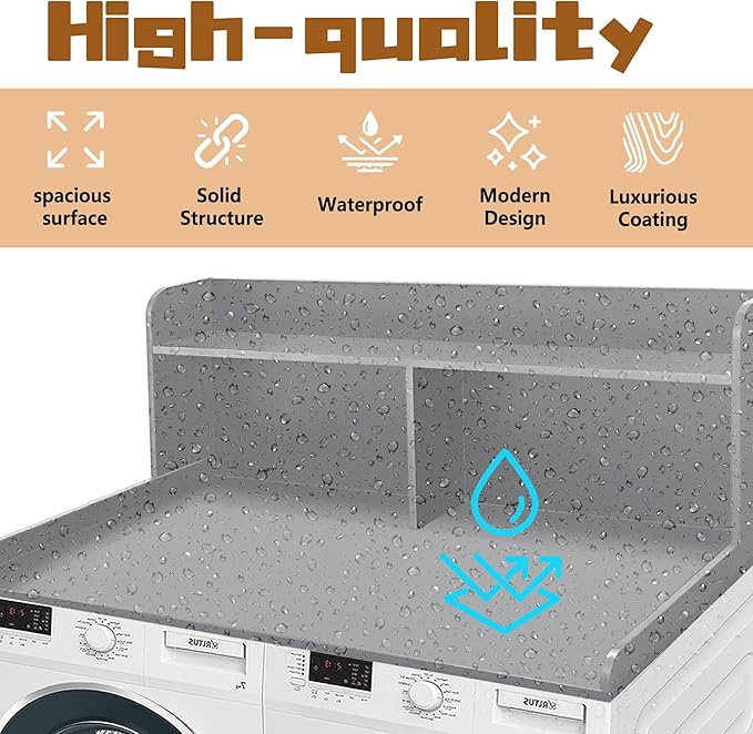 Royxen 2-Tier Washer Dryer Countertop,19.5"H Wood Washer and Dryer Topper with Storage Shelf,Laundry Countertop Over Washer Machine, Universal Fit for Laundry Room Organization (Grey,54"W X 27.5"D)