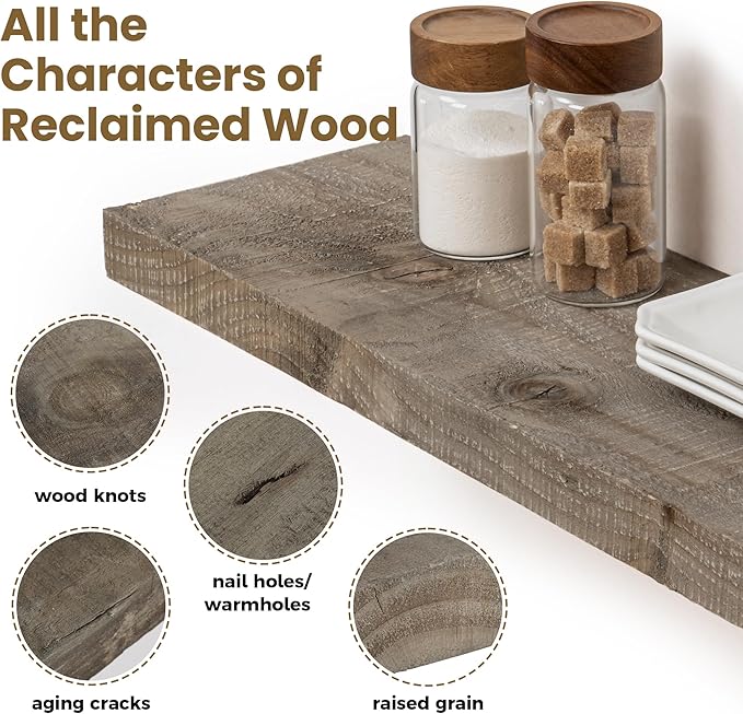 48 Inch Fireplace Mantel Shelf - 8 Inch Deep Rustic Solid Reclaimed Wood Floating Shelf, Wall Mounted Farmhouse Display Shelf with Invisible Heavy Duty Metal Bracket, Set of 2, Cement Grey
