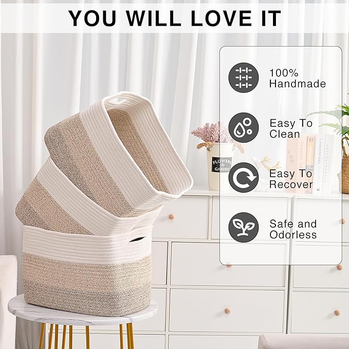 Storage Baskets for Organizing Shelves, Woven Cotton Rope Bins for Baby Nursery Organization, Book Toy Towel Organizer, 15"x11"x9.5", 3 Packs, Gradient Brown