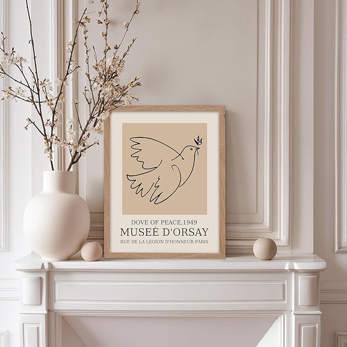 Poster Master Vintage Poster - Retro Minimalist Print - Gift for Artist, Friend - Dove Of Peace, Line Drawing, Sketch, Abstract - Wall Decor for Living Room, Bedroom, 8x10 Beige Framed