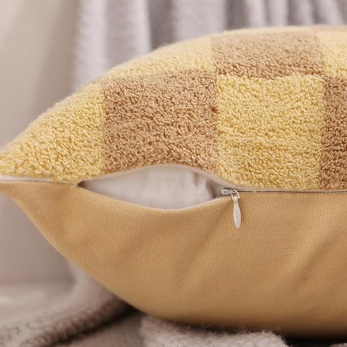 Alysheer Checkered Embroidered Decorative Throw Pillow Covers 18"x 18" Set of 2, Farmhouse Cottage Cream Ivory Plaid Tufted Patterned Cotton Canvas Cushion Case for Sofa Couch Bed Living Room