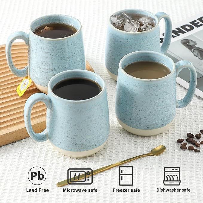 Hasense Ceramic Coffee Mugs Set of 4, 15 Oz Coffee Cup with Handle for Women and Men, Modern Large Latte Mugs for Cappuccino, Tea, Cocoa, Microwave Dishwasher Safe, Mother's Day Gifts, Light Blue