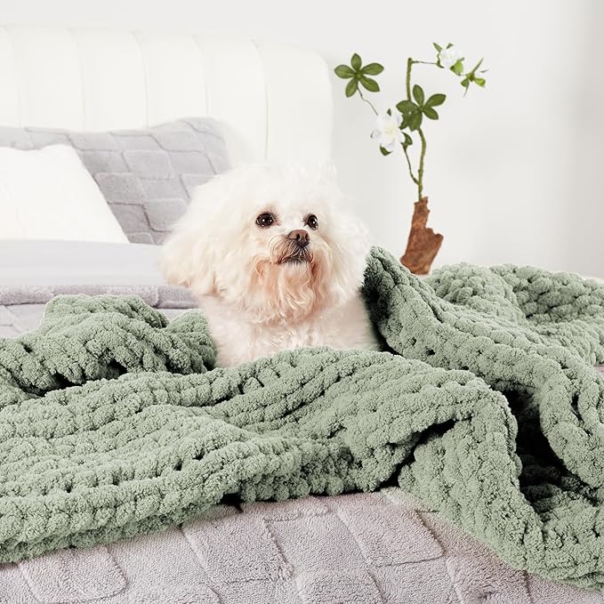 Amélie Home Chunky Knit Throw Blanket for Couch, Soft Chenille Crochet Blanket for Sofa, 50"x60", Sage Green