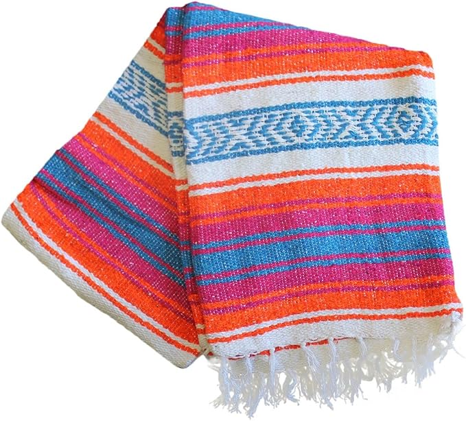 Del Mex Classic Mexican Blanket, Large Authentic Woven Falsa Throw (70"x50"), Artisan Southwest Décor for Beach, Yoga, Outdoors (Orange/Pink/Blue)