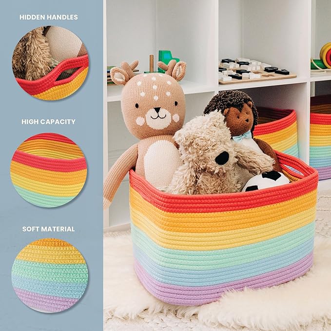 OrganiHaus Set of 3 Rainbow Woven Storage Baskets for Organizing, Cotton Rope Organizer Bins for Shelves, Closet & Nursery, Dog Toy Basket, Decorative Bins for Toys, Towels & Books - 15x10x9