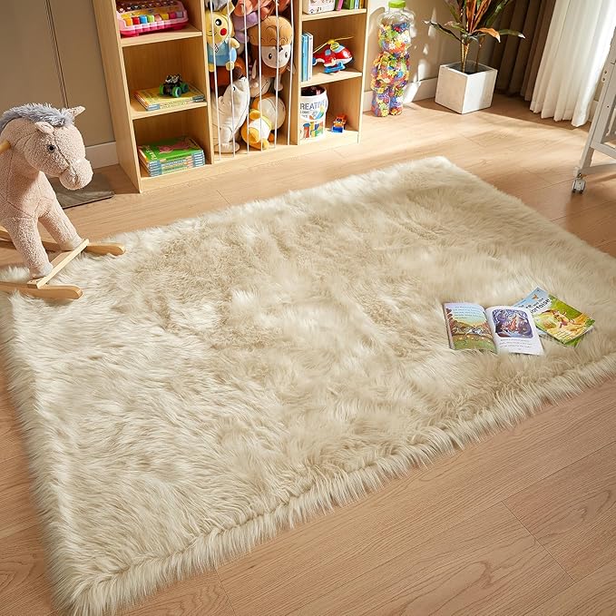 AMTOVO Faux Fur Sheepskin Rug for Living Room, 4 x 6 ft Beige Fluffy Area Rug for Bedroom, Playroom, Luxury Room Decor, Rectangle