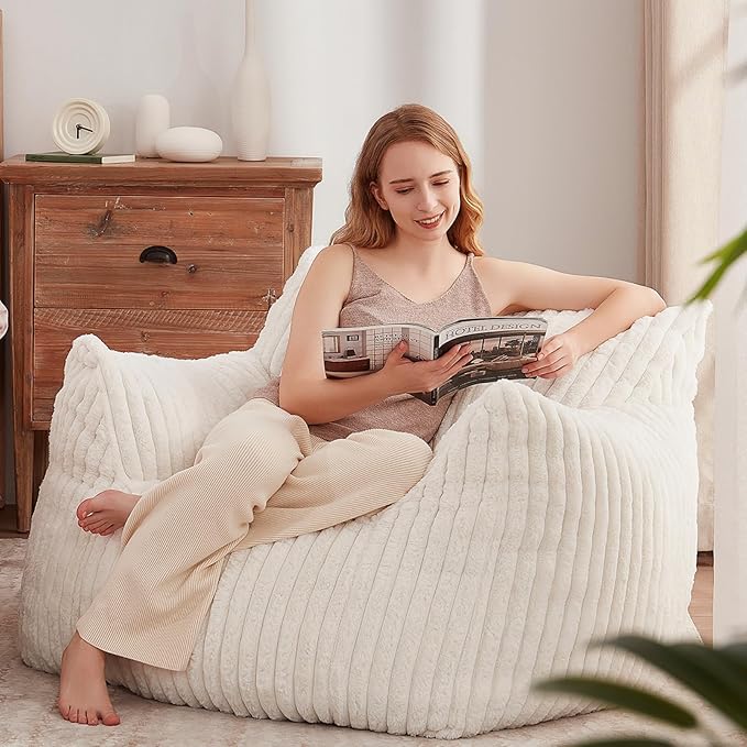 Giant Bean Bag Chairs for Adults Teens, Large Bean Bag Sofa Chairs with Filling Comfy Fuzzy BeanBag Chair with Armrests for Bedroom Living Room Reading